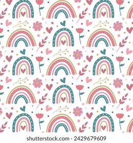 Patrón sin costuras con arcos iris y flores en estilo escandinavo. Vector.