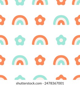 Seamless pattern with rainbows and flowers. Vintage floral art prints. Hippie 60s, 70s, 80s style. Vector illustration in flat style