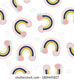 Seamless pattern with rainbows and fruits. Kids funny print. Vector hand drawn illustration.