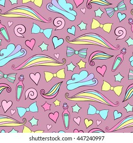 Seamless pattern with rainbows, hearts, bows and stars