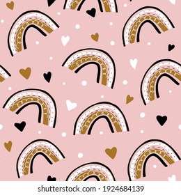 Patrón sin foco de arcos y corazones. Ilustración vectorial de corte. Cada elemento está aislado en un fondo rosado. Cubierta del planificador, cuadrilla de bala, decoración para habitación infantil, textil, tarjeta de saludo.