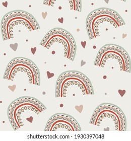 Seamless pattern of rainbows and hearts. Cute vector illustration. Every element is isolated on grey background. Cover of planner, bullet journal, decor for children’s room, textile, greeting card.