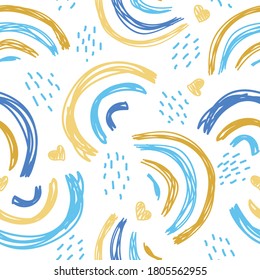 Seamless pattern with rainbows and hearts. Freehand  doodle style, modern decoration. Trendy texture for fabric, wrapping, textile, wallpaper, clothing, surface texture, prints. Vector illustration