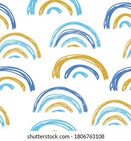 Seamless pattern with rainbows and hearts. Freehand  doodle style, modern decoration. Trendy texture for fabric, wrapping, textile, wallpaper, clothing, surface texture, prints. Vector illustration