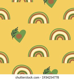 Seamless pattern with rainbows and hearts. Vector illustration.