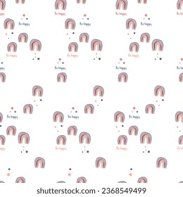 Seamless pattern with rainbows and lettering on a white background. Print for wallpaper, textile, gift paper and for printing. Vector illustration