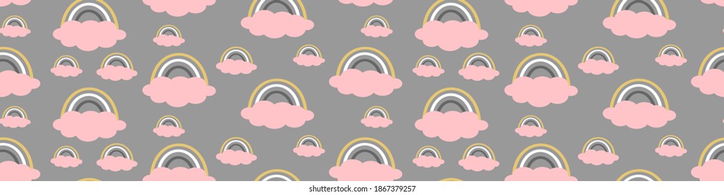 Seamless pattern with rainbows and pink clouds. Horizontal border. Vector illustration.