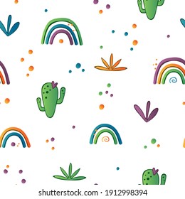 Seamless pattern with rainbows, plants, cactuses. Summertime colorful pattern. Vector illustration.