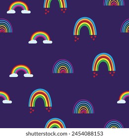 Seamless pattern with rainbows. Purple background with rainbows in cartoon style.