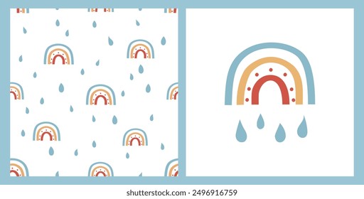 Seamless pattern with rainbows and rain drops on white background. Rainbow wall art decoration isolated on white background vector.