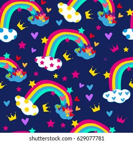 Seamless pattern with Rainbows Sky and Clouds Seamless Pattern- Groovy Notebook Doodles Hand-Drawn Vector Illustration Background. Colorful pattern with hesrt, crown.