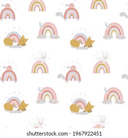 Seamless pattern with rainbows, sleeping funny animals, clouds and stars. Bear, fox, panda, bunny, turtle with closed eyes. Children's cute vector illustration.