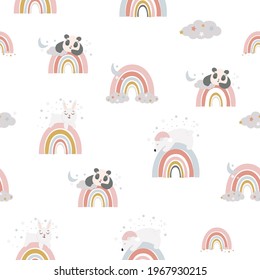 Seamless pattern with rainbows, sleeping funny animals, clouds and night stars. Print for children's wallpaper, textiles. Bear, fox, panda, bunny, turtle with closed eyes. Cute vector illustration.