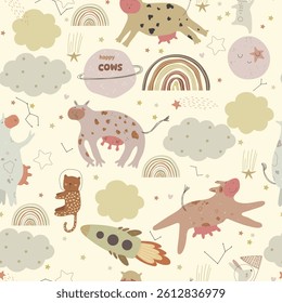 Seamless pattern with rainbows, space sheap, stars, clouds and cow. Vector illustrtaion with cute animals and space. 