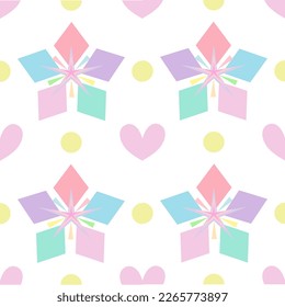 Seamless Pattern Rainbows Star Colorful Pink Heart Yellow Dot with Pastel. Design for Kitchenware, Dish, Glass, Kettle, Bowl, Apron, Bottle, Plate, Cup, Jar. Wrapping paper. Vector.
