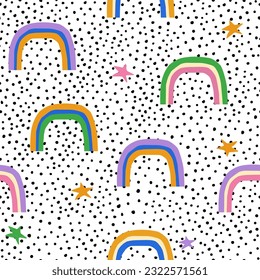 Seamless pattern with rainbows and stars. Childish colorful print. Vector hand drawn illustration.
