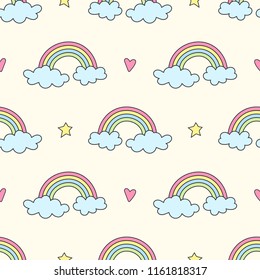 Seamless pattern with rainbows, stars, hearts  and clouds