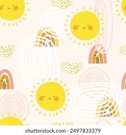 Patrón sin fisuras con arco iris, sol, línea, manchas. Linda Ilustración vectorial.	
