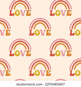 Seamless pattern, rainbows with the word love on a pink background. Retro groove design 70s style. Print, textile, vector