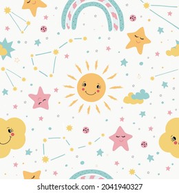 Seamless pattern rainbow,stars,clouds. Can be use for typography cards,baby wears,children's clothing.Design bed linen.Cute characters pink,blue,yellow colours.White background.Cartoon style.