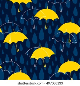Seamless pattern with raindrops and umbrellas. Vector autumn background.