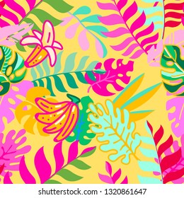 Seamless pattern. A rainforest. Monstera leaves and bananas. Cool summer illustration.