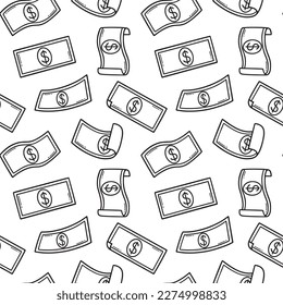 Seamless pattern of raining money doodle. Falling Dollar Banknotes in sketch style. Vector illustration