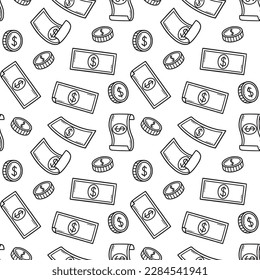 Seamless pattern of raining money doodle. Falling Dollar Banknotes, gold coins in sketch style. Vector illustration
