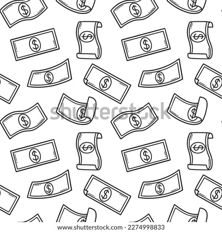 Seamless pattern of raining money doodle. Falling Dollar Banknotes in sketch style. Vector illustration