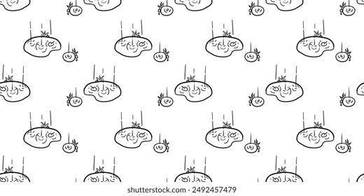 Seamless pattern with rainy puddles with droplet splashes and water ripples with grass and small rocks hand drawn doodle outline vector