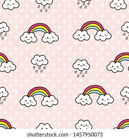 seamless pattern, rainy and rainbows on polka dot pink background. vector, illustration