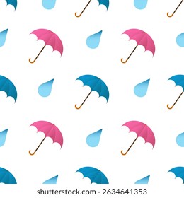 
Seamless pattern. Rainy weather. Blue and pink umbrellas and raindrops on a white square background. Summer slanting rain. Vector illustration for printing on fabric, wallpaper, packaging, etc.