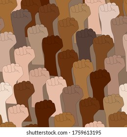 Seamless pattern of raised arms with clenched fists of different skin colors. Fight against racial discrimination concept. Protests against racism