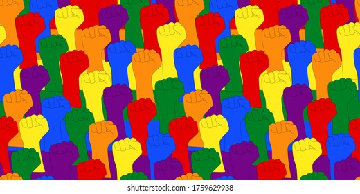 Seamless pattern of raised arms and clenched fists colored in the LGBTQ+ rainbow. Queer and gay pride movement concept.