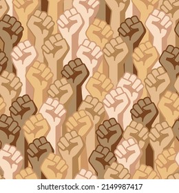 Seamless pattern of raised fists with different races in crowd.
