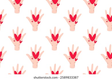 Seamless pattern with raised up hand with hearts