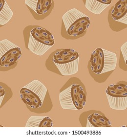 Seamless pattern with raisins muffins. Vector texture in brown, coffee colors for children’s and kitchen textiles, wrapping paper and wallpaper.