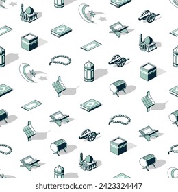 Seamless pattern of ramadan isometric icons on transparent background