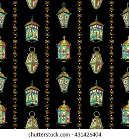 Seamless pattern for Ramadan Kareem. Different Colorful Arabic Lanterns