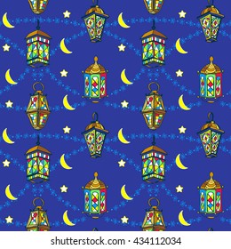 Seamless pattern for Ramadan Kareem. Different Colorful Arabic Lanterns or Fanous Hand drawn ink sketch endless pattern. Lanterns Traditional Decoration Fanoos and Star and Moon Crescent  