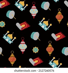 Patrón sin foco para Ramadan Kareem. Estilo dibujado. Diseño para tela, textil, papel pintado, embalaje.	