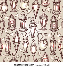 Seamless pattern for Ramadan Kareem with hand drawn lanterns ans stars.