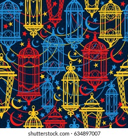 Seamless pattern of Ramadan Kareem lanterns. Happy Ramadan background celebration.
