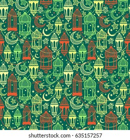 Seamless pattern of Ramadan Kareem lanterns. Happy Ramadan background celebration.