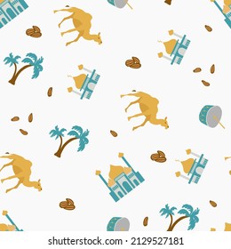 Seamless pattern Ramadan Kareem. Mosque, camel, palm trees, dates. Design for fabric, textile, wallpaper, packaging.
