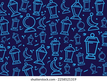 Patrón sin foco con farolillos de ramadán saludando con un fondo azul. Ilustración del vector