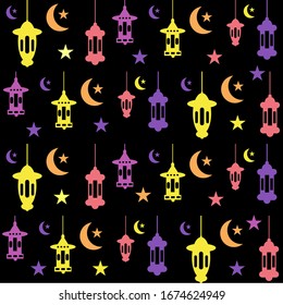 Seamless pattern of Ramadan lanterns with moon stars. Religious vector illustration for Ramadan events. Black background. Night of ramadan. 
