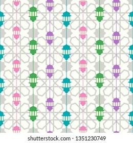 Seamless pattern with ramadan symbol icons. Geometric islamic pattern. Traditional arabian style vector background.