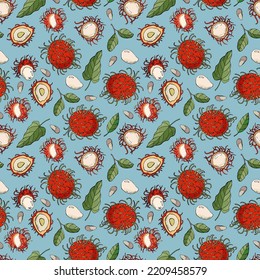  Seamless pattern with rambutans. Design for fabric, textile, wallpaper, packaging.