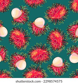Patrón sin foco con los ambulantes en un fondo oscuro. Frutas enteras y peladas. Colorido y luminoso patrón de frutas asiáticas. Dibujado a mano, estilo de caricatura. Ilustración vectorial.